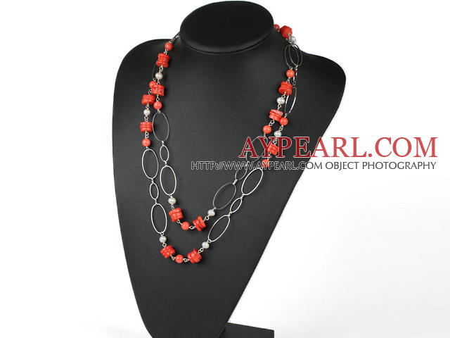 red coral white pearl necklace with metal loop