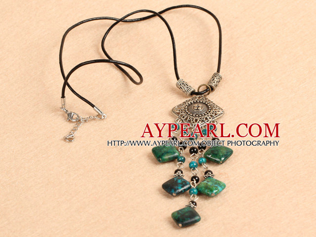 Simple Retro Style Square Shape Phoenix Stone Black Agate Beads Tassel Pendant Necklace With Black Leather