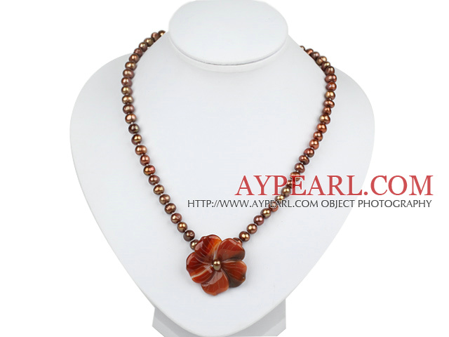 brown pearl agate flower necklace with lobster clasp