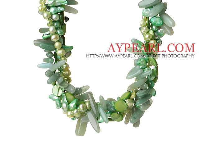 Popular Nice Twisted Green Pearl Shell Aventurine and Manmade Faceted Crystal Necklace