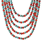 New Gorgeous Five Strands Round Carnelian and Blue Turquoise Beaded Necklace