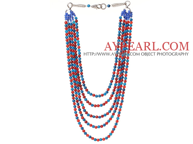 New Wunderschöne Fünf Stränge runde blaue Achat und Karneol Perlen Halskette