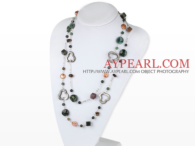 fashion long style pearl crystal and indian agate necklace