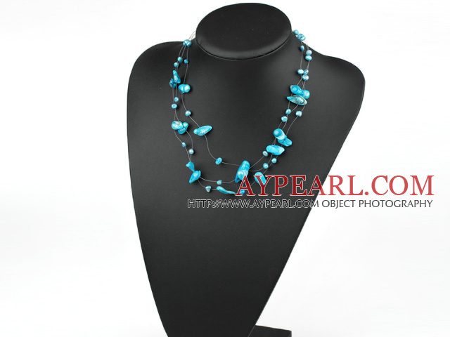 Lovely Multi Strand Fantastic Blue Blister Pearl Wired Necklace With Lobster Clasp
