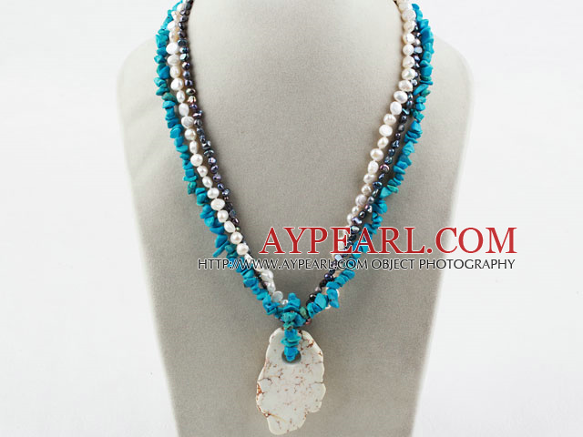 Multi Strand White and Black Freshwater Pearl and Blue Turquoise Necklace