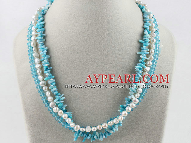 fashion three strand white pearl blue crystal and coral necklace