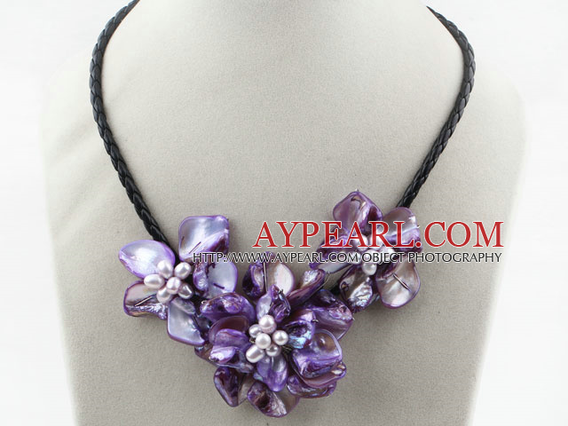 pearl and dyed purple shell flower necklace with magnetic clasp