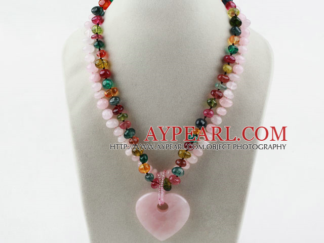 Two Strands Rose Quartz and Multi Color Quartz Necklace with Heart Shape Pendant