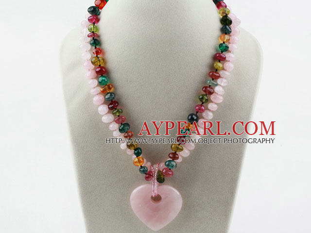 Deux brins Collier Rose Quartz Couleur et Multi Quartz avec pendentif en forme de coeur