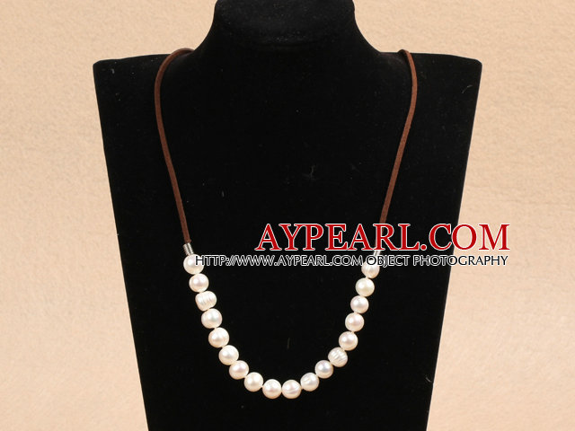 Simple Design White Screw Freshwater Pearl Necklace with Brown Cord