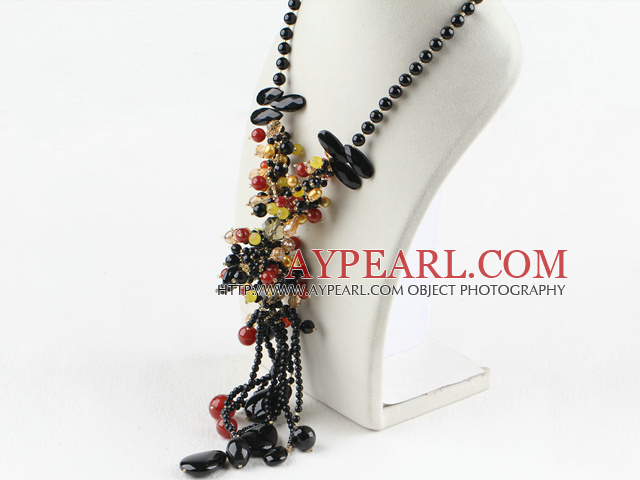 Fashion Cluster Assorted Black And Red Agate Freshwater Pearl Pendant Necklace