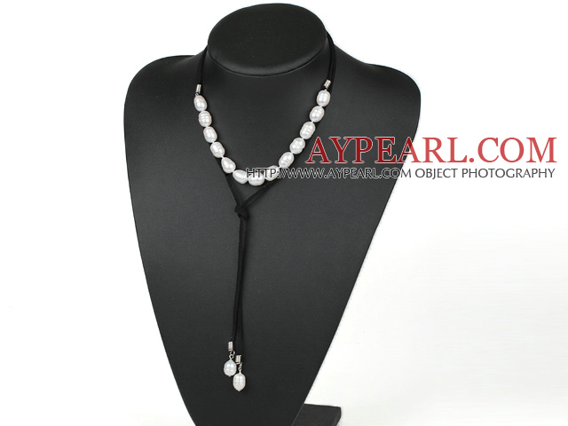 Simple Design White Screw Freshwater Rice Pearl Necklace with Black Cord