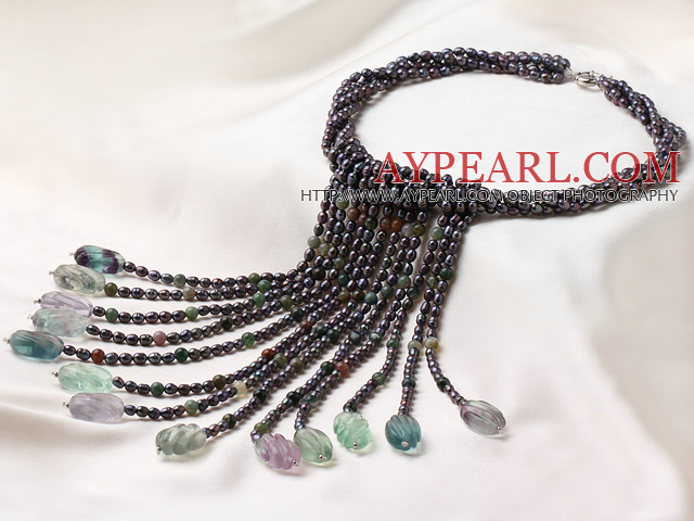 2014 Gorgeous Vintage Style Black Pearl Fluorit och indiska Agate Party Halsband med tofs