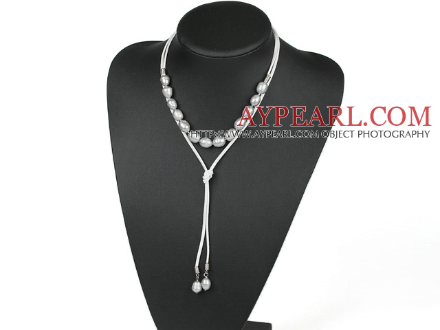 Simple Design Gray Screw Freshwater Rice Pearl Necklace with White Cord