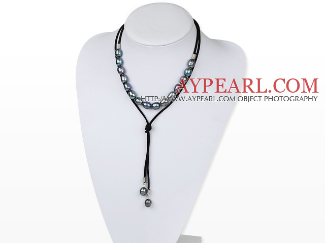 Simple Design Black Screw Freshwater Rice Pearl Necklace with Black Cord