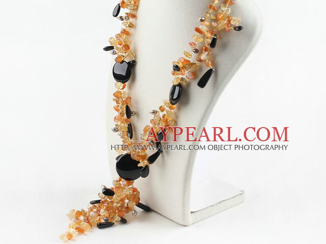 Beautiful Y Style Chipped Red Agate And Mixed Black Agate Cluster Pendant Necklace Seude Stone Closure
