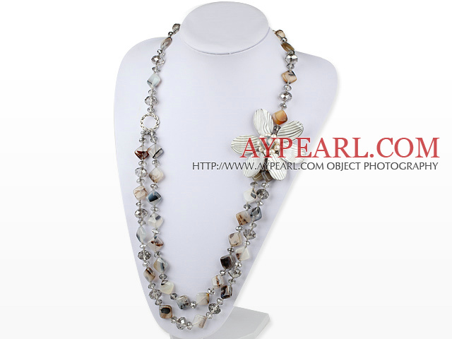 Long Style Madagascar Agate and Crystal and Shell Flower Necklace