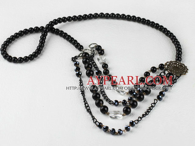 multi strand favorit svart agat och klar kristall halsband