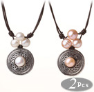 Newly Popular Style 2 pcs Freshwater Pearl Beads Leather Necklace with Round Tibet Silver Pendant