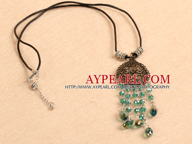 Simple Retro Style Chandelier Shape Green Crystal Tassel Pendant Necklace With Black Leather