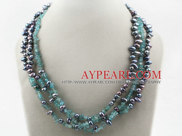 Three Strands Black Freshwater Pearl and Kyanite Chips Necklace