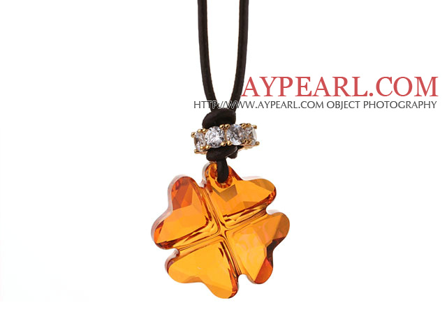 Summer New Released Champagne Austrian Crystal Four Leaf Clover Pendant Necklace with Dark Brown Leather