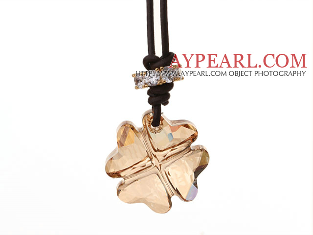 Summer New Released Yellow Austrian Crystal Four Leaf Clover Pendant Necklace with Dark Brown Leather