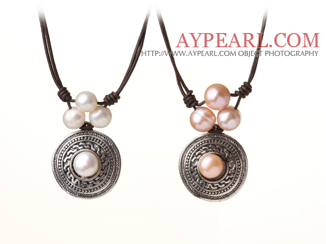 Newly Popular Style 2 pcs Freshwater Pearl Beads Leather Necklace with Round Tibet Silver Pendant