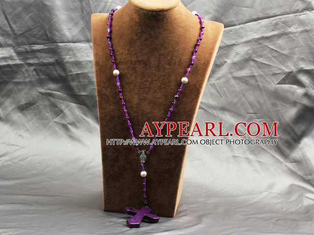 Classic Design Fashion Long Y Shape Purple Frosted Banded Agate Necklace With Cross Shape Turquoise Pendant