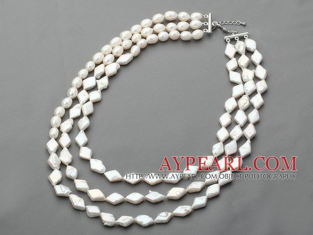 White Series Three Strands Rhombus Shape Rebirth Pearl Necklace