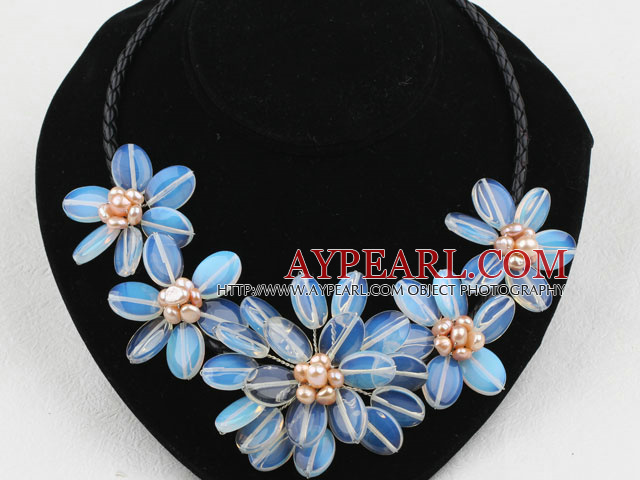 Oval Shape Opal Flower Necklace with Pink Freshwater Pearl and Lether Cord