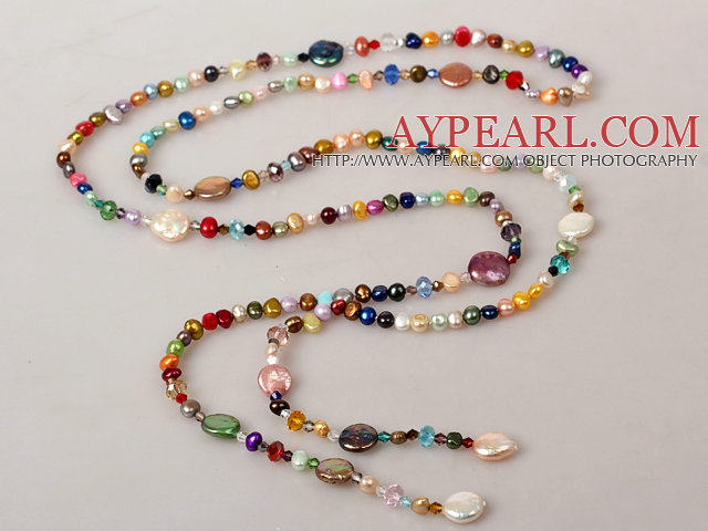 Long Stil Multi Color Freshwater Pearl Crystal halskjede 