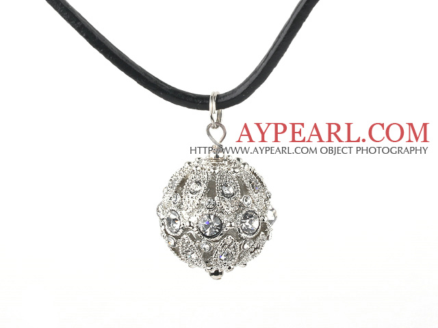 Lovely Rhinestone Ball Pendant Necklace With Black Leather Cord And Magnetic Clasp
