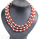 Beautiful 3 Strand Natural White Freshwater Pearl And Red Agate Beads Party Necklace With Shell Flower Clasp