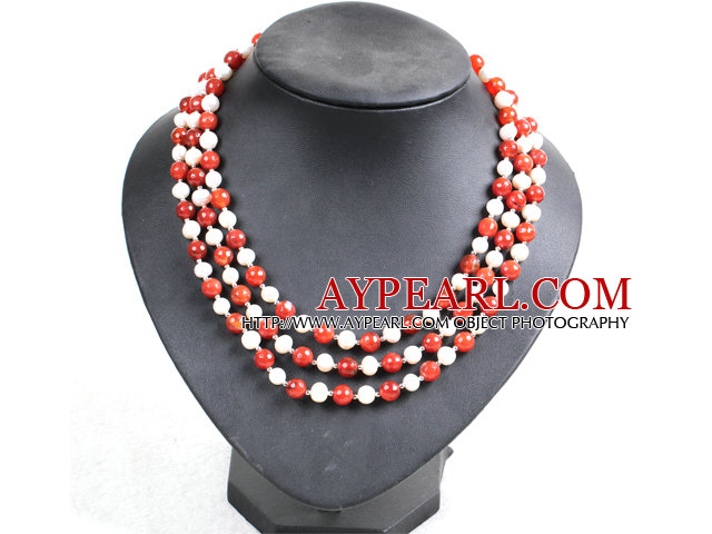 Frumos 3 Strand alb natural de apă dulce Pearl și roșu Agate margele parte colier Shell flori Clasp