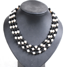 Beautiful 3 Strand Natural White Freshwater Pearl And Black Agate Beads Party Necklace With Shell Flower Clasp