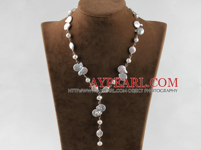 Y shape stunning natural button pearl necklace
