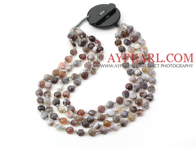 Four Strands Flat Round Persia Beads Necklace with Black Stone Clasp