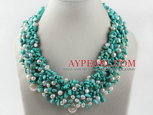 Gorgeous White Pearl and Turquoise Woven Necklace