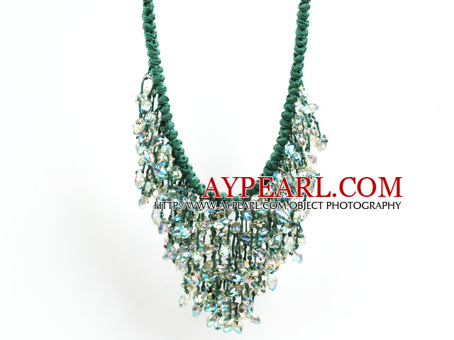 Sparkly Bib Shape Green Series Water Drop Shape Crystal Statement Party Necklace With Green Thread Woven Drawstring Chain