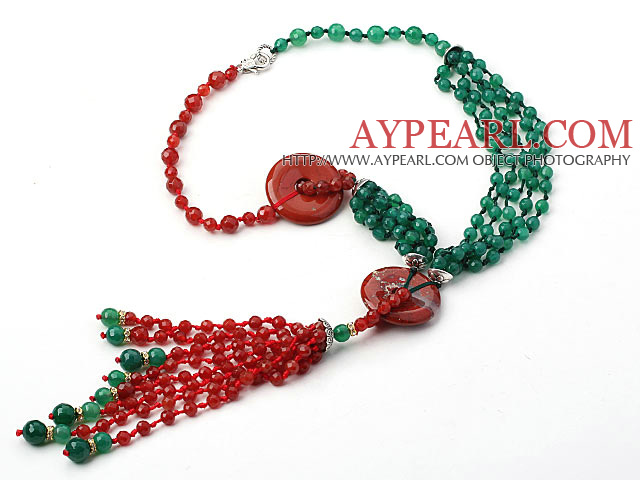 New Style Y Shape Faceted Green Agate and Carnelian Donut Tassel Necklace with Rhinestone