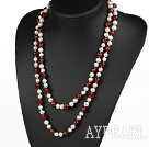 long style 47.2 inches white pearl and red agate necklace