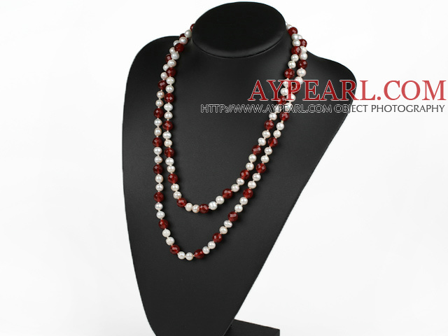 long style 47.2 inches white pearl and red agate necklace