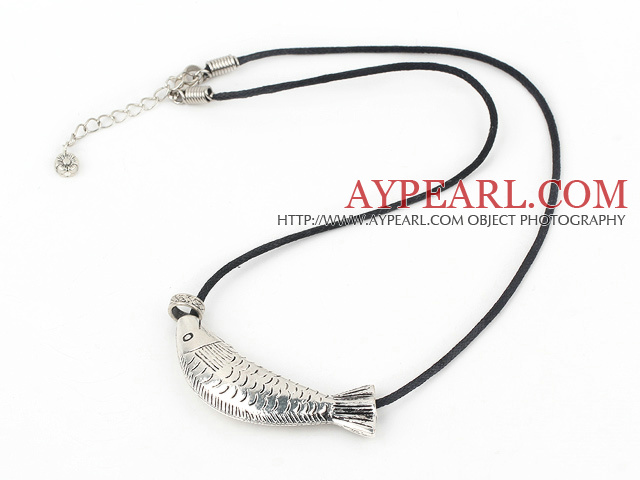 Lovely Ring And Fish Shape Tibet Silver Pendant Necklace With Black Cord