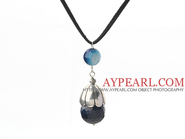 Simple Design Faceted Blue Agate Pendant Necklace