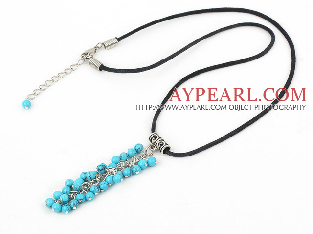 Nice 6Mm Round Blue Turquoise Cluster Loop Chain And Tube Charm Pendant Necklace With Black Cord