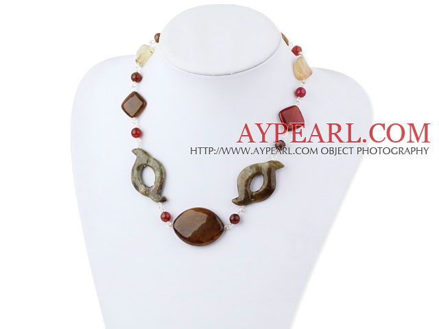 Elegant Three Color Round Rhombus Oval Shape Jade Threaded Necklace With Golden Ball Clasp