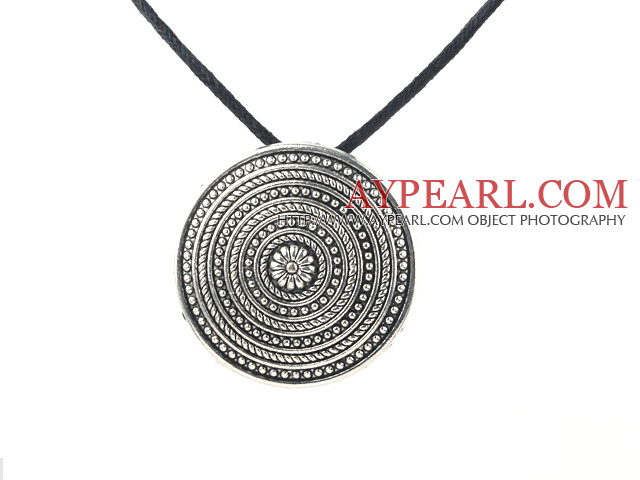 Fashion Annular Tibet Silver Pendant Necklace With Black Cord And Extendable Chain