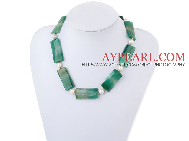 Fashion White Freshwater And Green Rectangle Agate Strand Necklace With Moonight Clasp