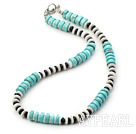 Fashion White Disc Shell And Blue Turquoise Black Agate Strand Necklace With Toggle Clasp